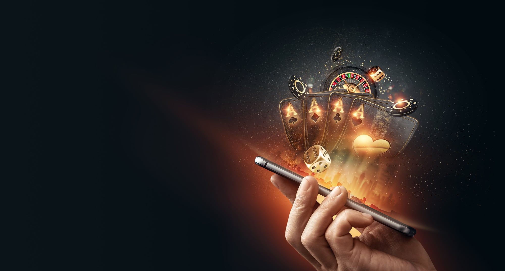 Illustration of a hand holding a smartphone with glowing casino icons such as cards, dice, a roulette wheel, and chips rising from the screen, in warm orange and deep navy tones with a lively, energetic mood